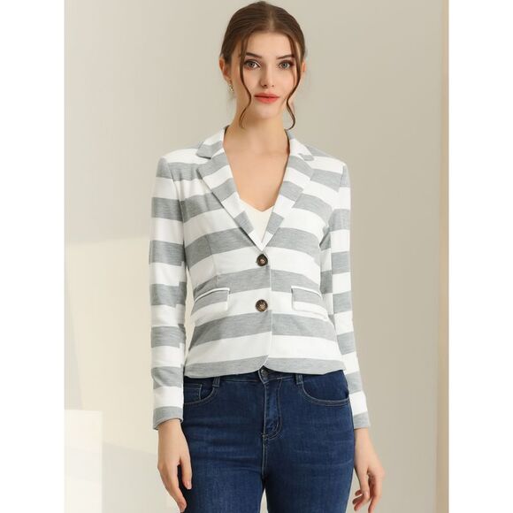 Notched Lapel Pocket Button Closure Striped Blazer Light Grey - Picture 3 of 5